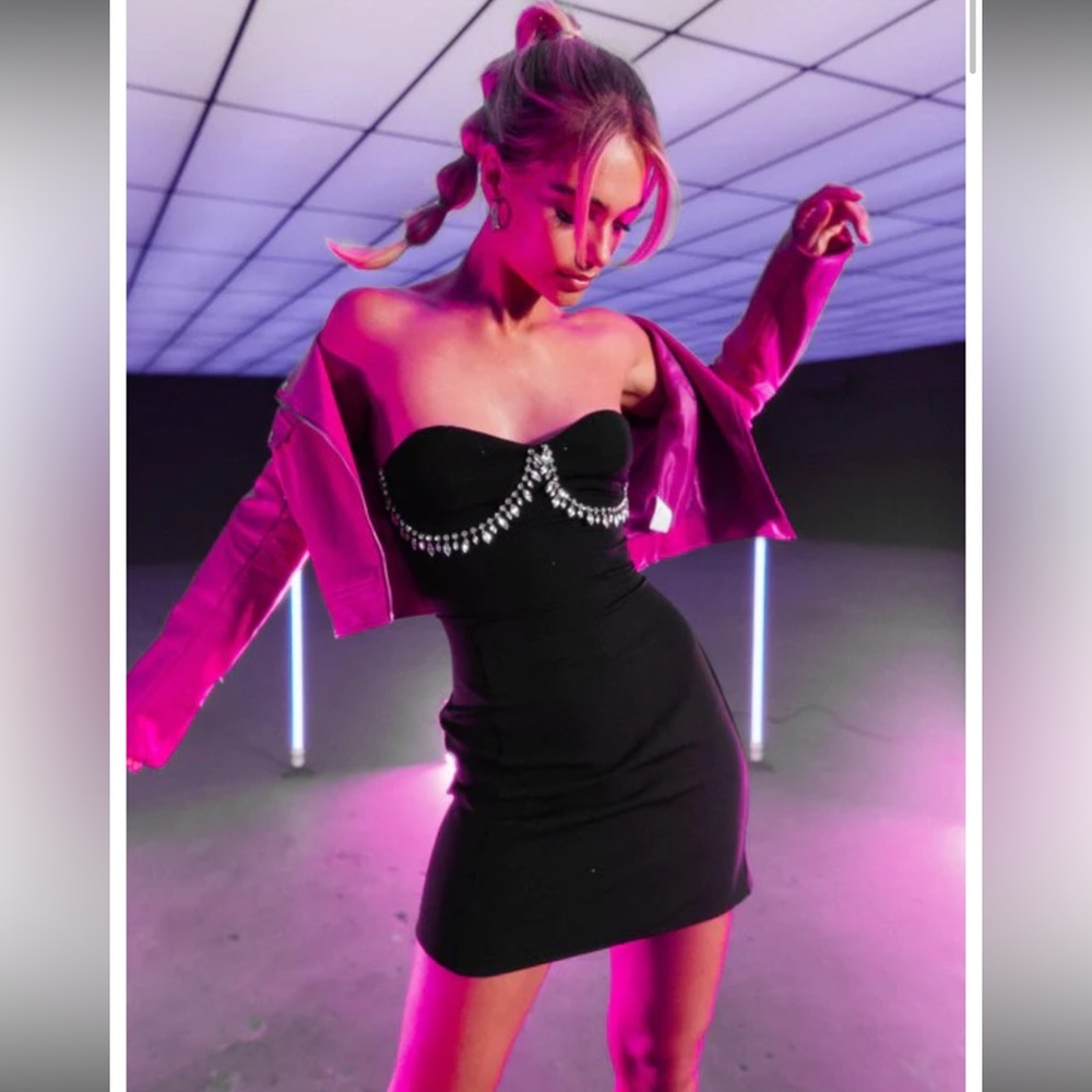Black strapless party mini dress with rhinestone sequin detail from a boutique